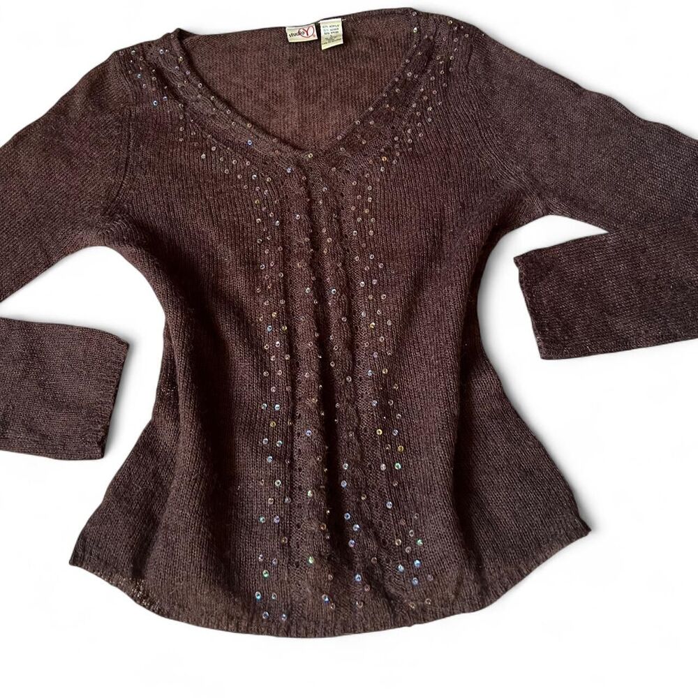 Vintage Semi- sheer Brown sequin embellished mohair blend knit sweater - Picture 4 of 8